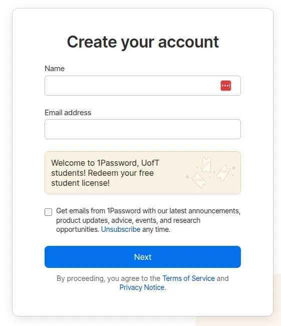 1Password account creation page